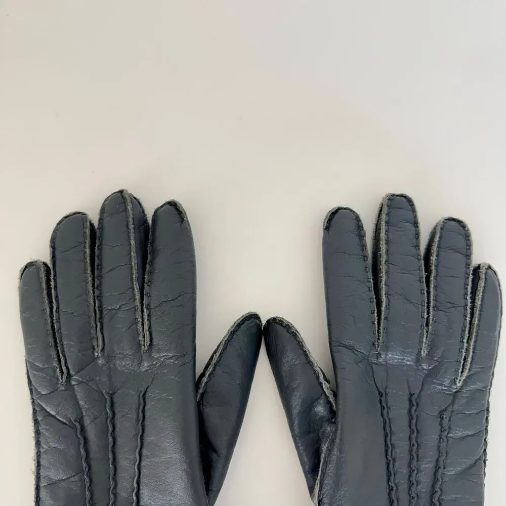 Pierre Cardin Vintage Soft Leather Gloves with Fur Lining Light Navy Women’s S